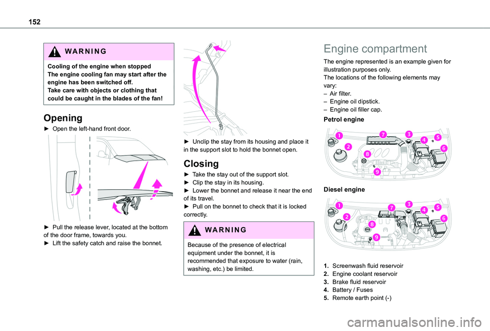 TOYOTA PROACE CITY 2020  Owners Manual 152
WARNI NG
Cooling of the engine when stoppedThe engine cooling fan may start after the engine has been switched off.Take care with objects or clothing that could be caught in the blades of the fan!