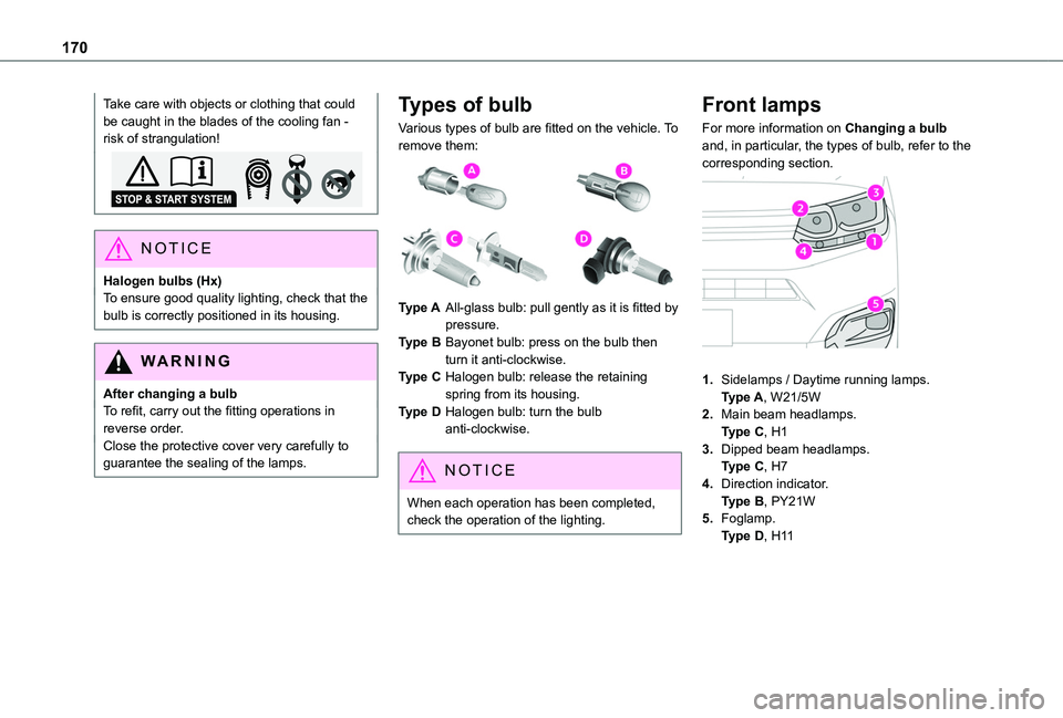 TOYOTA PROACE CITY 2020  Owners Manual 170
Take care with objects or clothing that could be caught in the blades of the cooling fan - risk of strangulation!
NOTIC E
Halogen bulbs (Hx)To ensure good quality lighting, check that the bulb is 