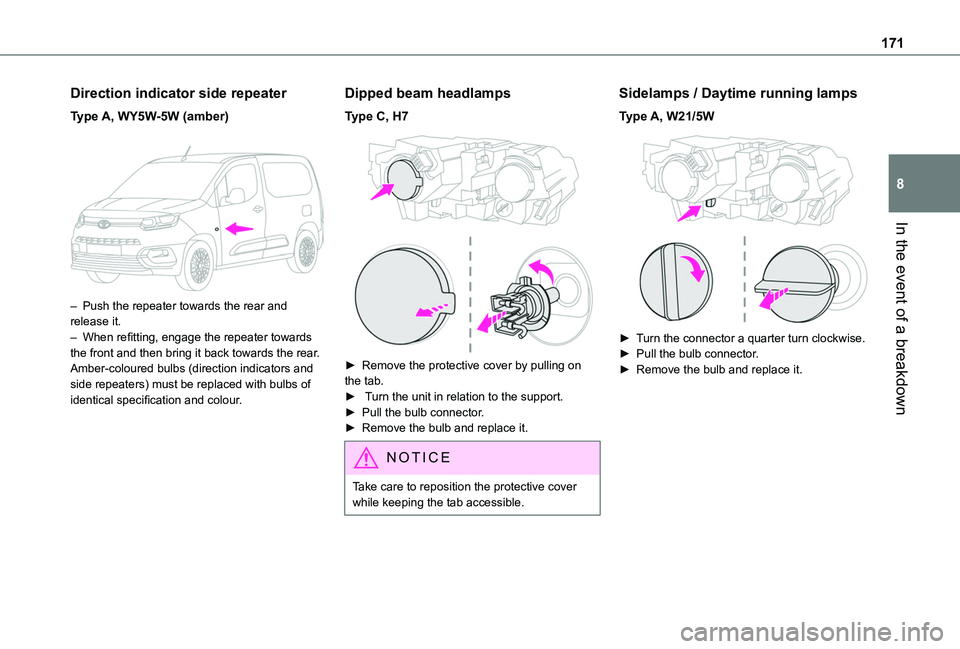 TOYOTA PROACE CITY 2020  Owners Manual 171
In the event of a breakdown
8
Direction indicator side repeater
Type A, WY5W-5W (amber) 
 
– Push the repeater towards the rear and release it.– When refitting, engage the repeater towards the