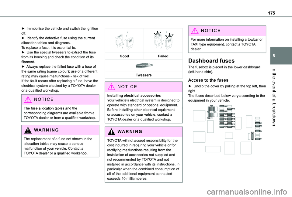 TOYOTA PROACE CITY 2020  Owners Manual 175
In the event of a breakdown
8
► Immobilise the vehicle and switch the ignition off.► Identify the defective fuse using the current allocation tables and diagrams.To replace a fuse, it is essen