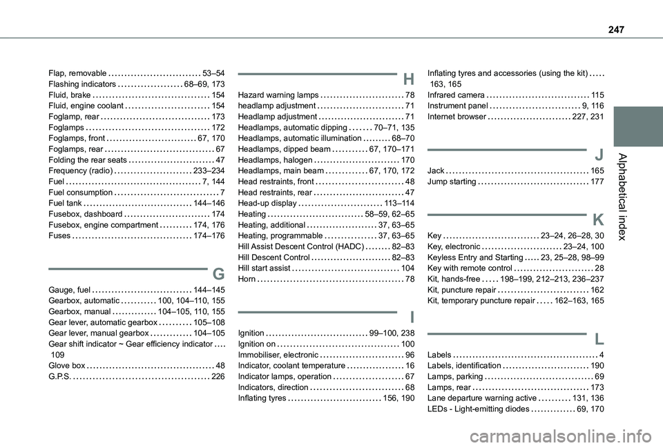 TOYOTA PROACE CITY 2020  Owners Manual 247
Alphabetical index
Flap, removable   53–54Flashing indicators   68–69, 173Fluid, brake   154Fluid, engine coolant   154Foglamp, rear   173Foglamps   172Foglamps, front   67, 170Foglamps, rear 