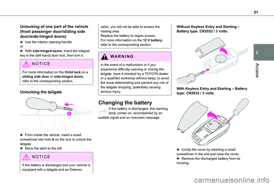 TOYOTA PROACE CITY 2020  Owners Manual 31
Access
2
Unlocking of one part of the vehicle 
(front passenger door/sliding side 
door/side-hinged doors)
► Use the interior opening handle.or► With side-hinged doors, insert the integral key 