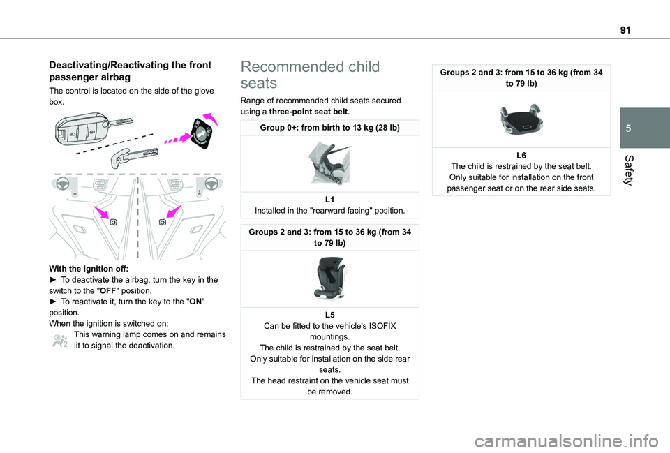 TOYOTA PROACE CITY 2020  Owners Manual 91
Safety
5
Deactivating/Reactivating the front 
passenger airbag
The control is located on the side of the glove box. 
 
With the ignition off:► To deactivate the airbag, turn the key in the switch