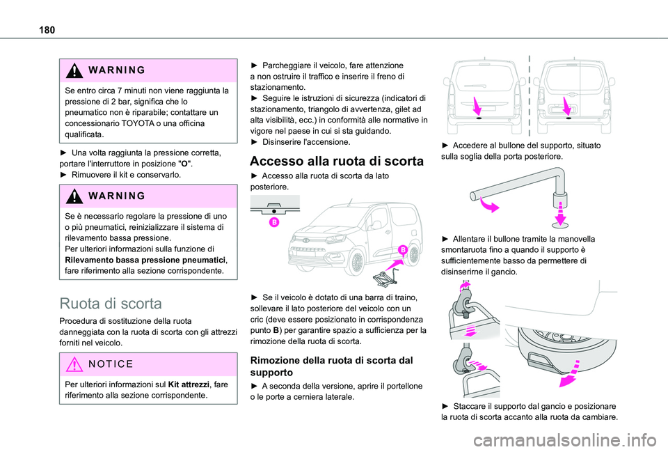 TOYOTA PROACE CITY 2020 Manuale duso (in Italian) 180
WARNI NG
Se entro circa 7 minuti non viene raggiunta la pressione di 2 bar, significa che lo pneumatico non è riparabile; contattare un concessionario TOYOTA o una officina qualificata.
► Una v TOYOTA PROACE CITY 2020 Manuale duso (in Italian) 180
WARNI NG
Se entro circa 7 minuti non viene raggiunta la pressione di 2 bar, significa che lo pneumatico non è riparabile; contattare un concessionario TOYOTA o una officina qualificata.
► Una v