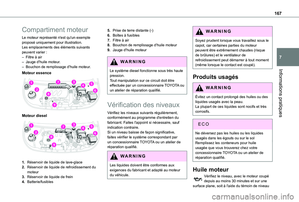 TOYOTA PROACE CITY 2020  Notices Demploi (in French) 167
Informations pratiques
7
Compartiment moteur
Le moteur représenté n'est qu'un exemple proposé uniquement pour illustration.Les emplacements des éléments suivants peuvent varier :– F