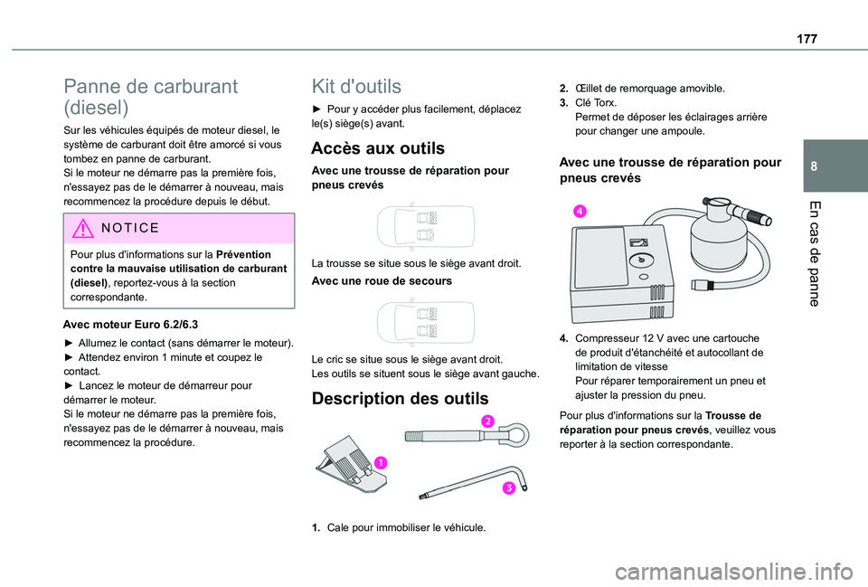 TOYOTA PROACE CITY 2020  Notices Demploi (in French) 177
En cas de panne
8
Panne de carburant 
(diesel)
Sur les véhicules équipés de moteur diesel, le système de carburant doit être amorcé si vous tombez en panne de carburant.Si le moteur ne déma