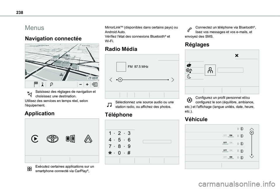 TOYOTA PROACE CITY 2020  Notices Demploi (in French) 238
Menus
Navigation connectée 
 
Saisissez des réglages de navigation et choisissez une destination.Utilisez des services en temps réel, selon l'équipement.
Application 
 
Exécutez certaines