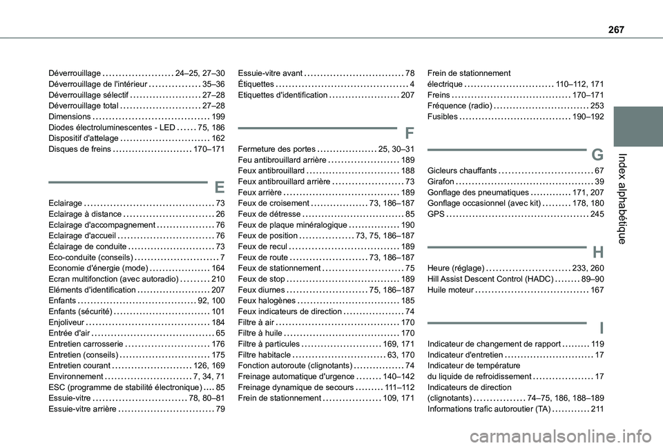 TOYOTA PROACE CITY 2020 Notices Demploi (in French) 267
Index alphabétique
Déverrouillage 24–25, 27–30Déverrouillage de l'intérieur 35–36Déverrouillage sélectif 27–28Déverrouillage total 27–28Dimensions 199Diodes électro TOYOTA PROACE CITY 2020 Notices Demploi (in French) 267
Index alphabétique
Déverrouillage 24–25, 27–30Déverrouillage de l'intérieur 35–36Déverrouillage sélectif 27–28Déverrouillage total 27–28Dimensions 199Diodes électro