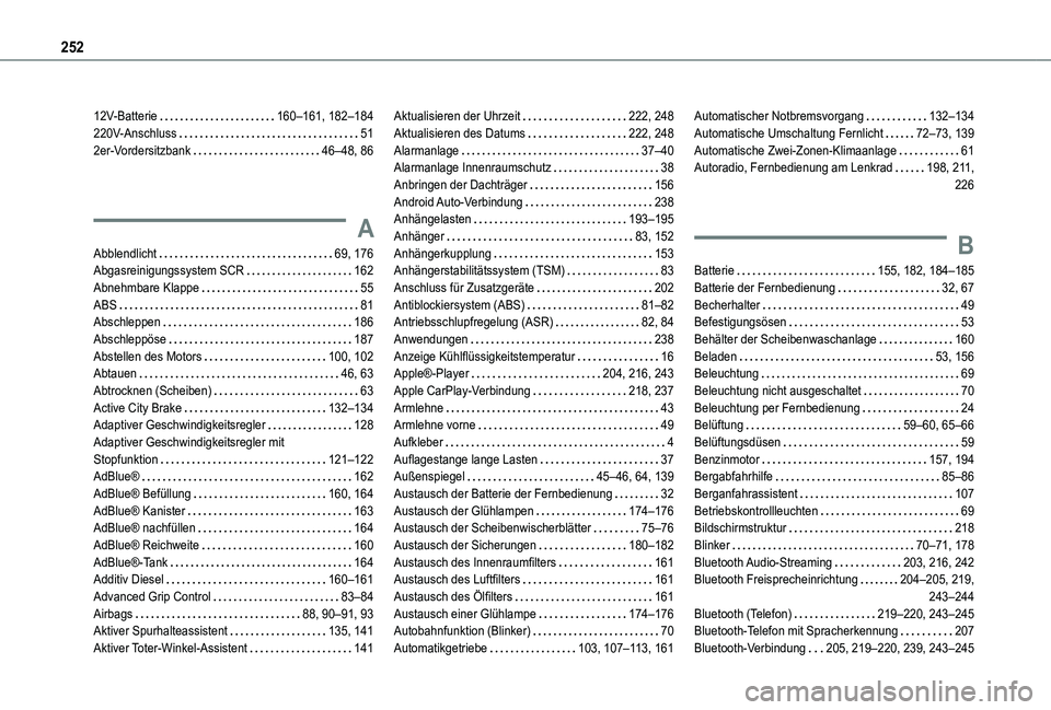 TOYOTA PROACE CITY 2020  Betriebsanleitungen (in German) 252
12V-Batterie   160–161, 182–184220V-Anschluss   512er-Vordersitzbank   46–48, 86
A
Abblendlicht   69, 176Abgasreinigungssystem SCR   162Abnehmbare Klappe   55ABS   81Abschleppen   186Abschle