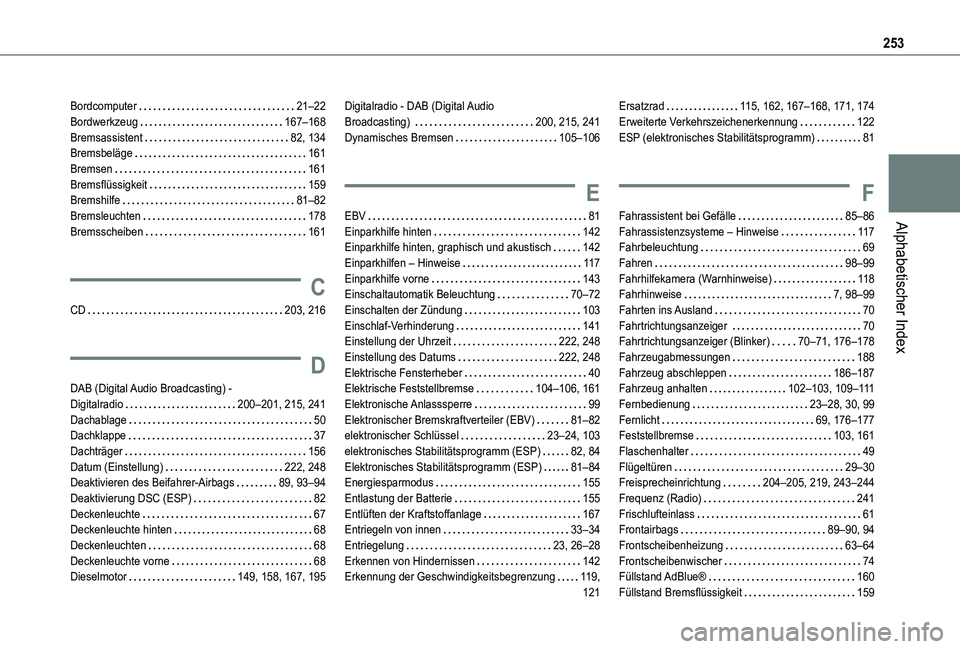 TOYOTA PROACE CITY 2020  Betriebsanleitungen (in German) 253
Alphabetischer Index
Bordcomputer   21–22Bordwerkzeug   167–168Bremsassistent   82, 134Bremsbeläge   161Bremsen   161Bremsflüssigkeit   159Bremshilfe   81–82Bremsleuchten   178Bremsscheibe