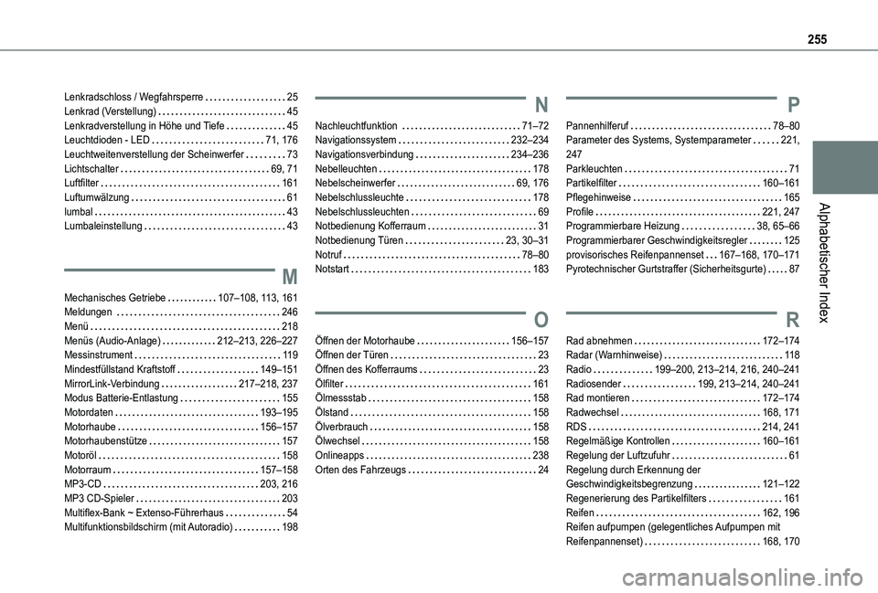 TOYOTA PROACE CITY 2020  Betriebsanleitungen (in German) 255
Alphabetischer Index
Lenkradschloss / Wegfahrsperre   25Lenkrad (Verstellung)   45Lenkradverstellung in Höhe und Tiefe   45Leuchtdioden - LED   71, 176Leuchtweitenverstellung der Scheinwerfer   7