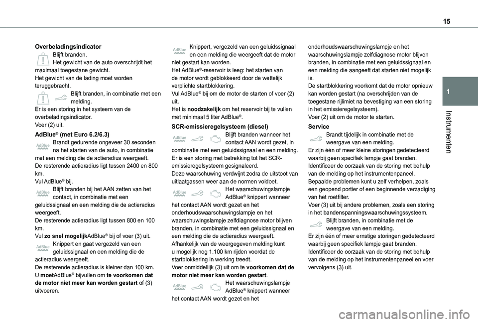 TOYOTA PROACE CITY 2020  Instructieboekje (in Dutch) 15
Instrumenten
1
OverbeladingsindicatorBlijft branden.Het gewicht van de auto overschrijdt het maximaal toegestane gewicht.Het gewicht van de lading moet worden teruggebracht.Blijft branden, in combi