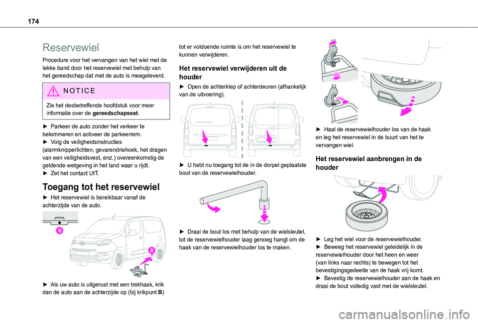 TOYOTA PROACE CITY 2020  Instructieboekje (in Dutch) 174
Reservewiel
Procedure voor het vervangen van het wiel met de lekke band door het reservewiel met behulp van het gereedschap dat met de auto is meegeleverd.
NOTIC E
Zie het desbetreffende hoofdstuk