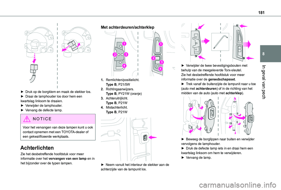 TOYOTA PROACE CITY 2020  Instructieboekje (in Dutch) 181
In geval van pech
8
 
► Druk op de borgklem en maak de stekker los.► Draai de lamphouder los door hem een kwartslag linksom te draaien.► Verwijder de lamphouder.► Vervang de defecte lamp.
