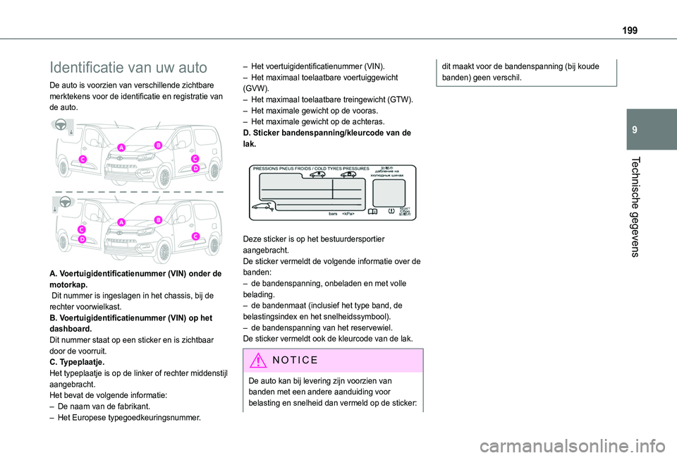 TOYOTA PROACE CITY 2020  Instructieboekje (in Dutch) 199
Technische gegevens
9
Identificatie van uw auto
De auto is voorzien van verschillende zichtbare merktekens voor de identificatie en registratie van de auto. 
 
A. Voertuigidentificatienummer (VIN)