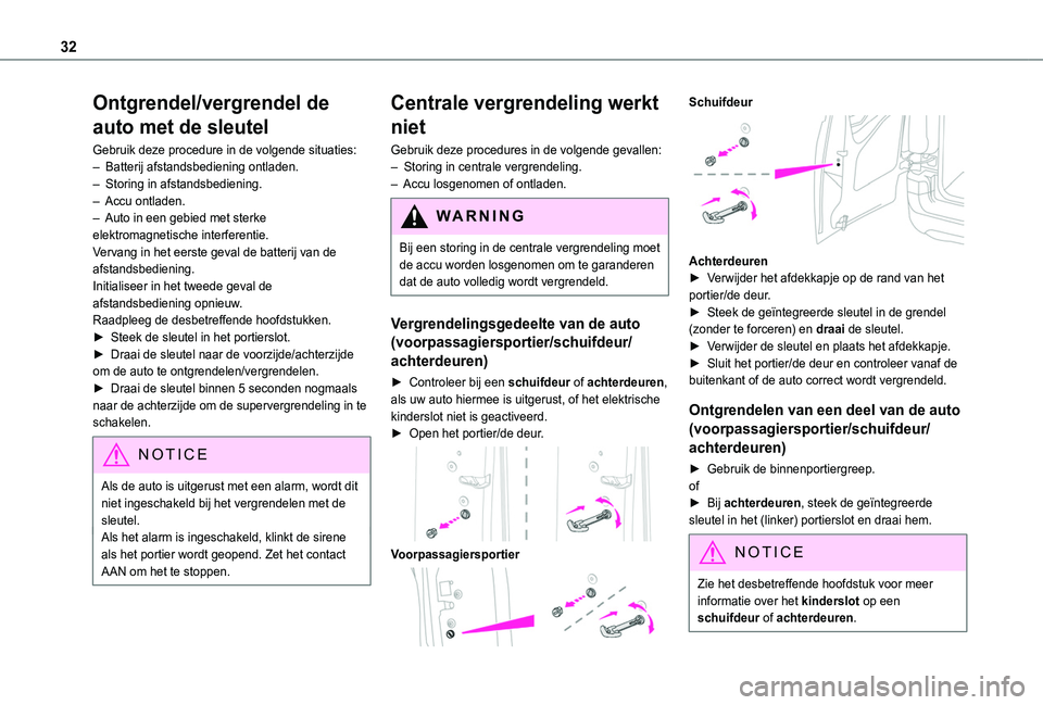 TOYOTA PROACE CITY 2020 Instructieboekje (in Dutch) 32
Ontgrendel/vergrendel de
auto met de sleutel
Gebruik deze procedure in de volgende situaties:– Batterij afstandsbediening ontladen.– Storing in afstandsbediening.– Accu ontladen.– Auto in TOYOTA PROACE CITY 2020 Instructieboekje (in Dutch) 32
Ontgrendel/vergrendel de
auto met de sleutel
Gebruik deze procedure in de volgende situaties:– Batterij afstandsbediening ontladen.– Storing in afstandsbediening.– Accu ontladen.– Auto in