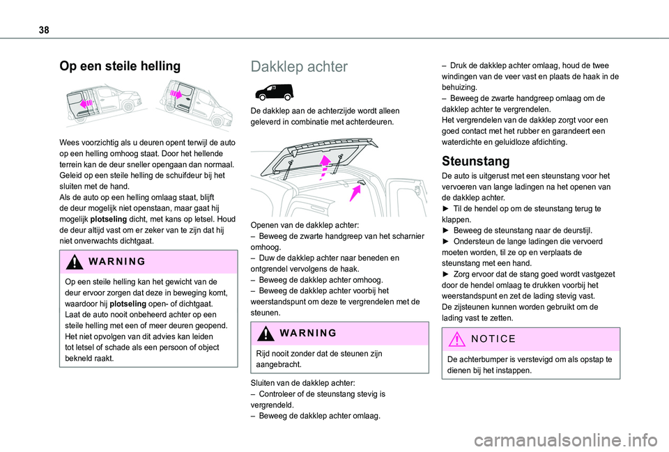 TOYOTA PROACE CITY 2020 Instructieboekje (in Dutch) 38
Op een steile helling
Wees voorzichtig als u deuren opent terwijl de auto op een helling omhoog staat. Door het hellende terrein kan de deur sneller opengaan dan normaal.Geleid op een steile hel TOYOTA PROACE CITY 2020 Instructieboekje (in Dutch) 38
Op een steile helling
Wees voorzichtig als u deuren opent terwijl de auto op een helling omhoog staat. Door het hellende terrein kan de deur sneller opengaan dan normaal.Geleid op een steile hel