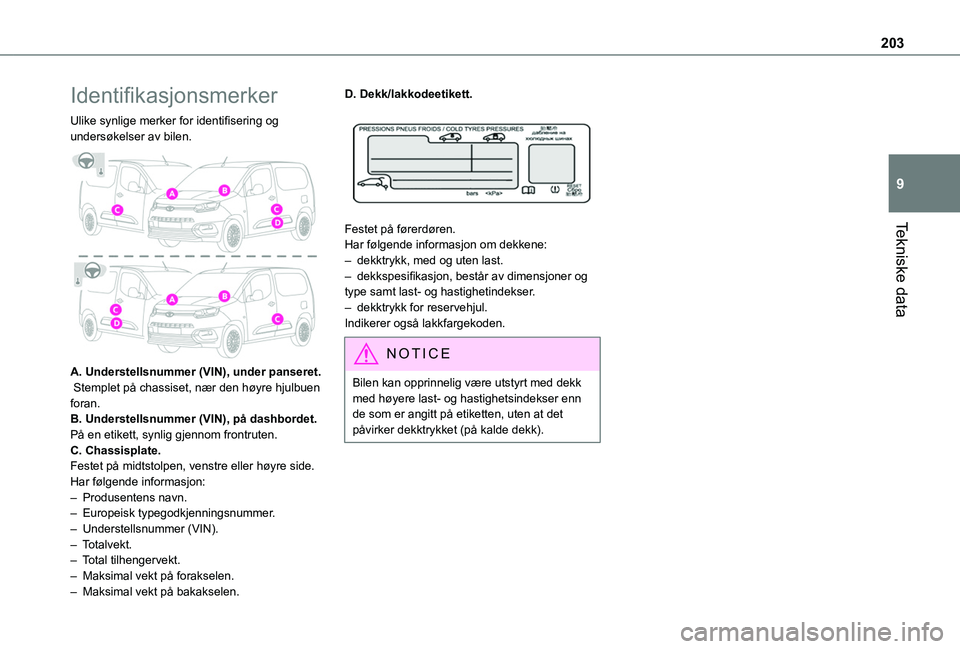 TOYOTA PROACE CITY 2020  Instruksjoner for bruk (in Norwegian) 203
Tekniske data
9
Identifikasjonsmerker
Ulike synlige merker for identifisering og undersøkelser av bilen. 
 
A. Understellsnummer (VIN), under panseret. Stemplet på chassiset, nær den høyre hju