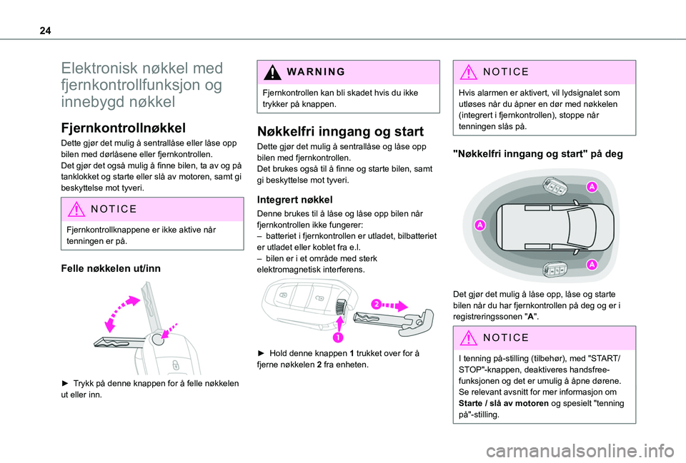 TOYOTA PROACE CITY 2020  Instruksjoner for bruk (in Norwegian) 24
Elektronisk nøkkel med 
fjernkontrollfunksjon og 
innebygd nøkkel
Fjernkontrollnøkkel
Dette gjør det mulig å sentrallåse eller låse opp bilen med dørlåsene eller fjernkontrollen.Det gjør 