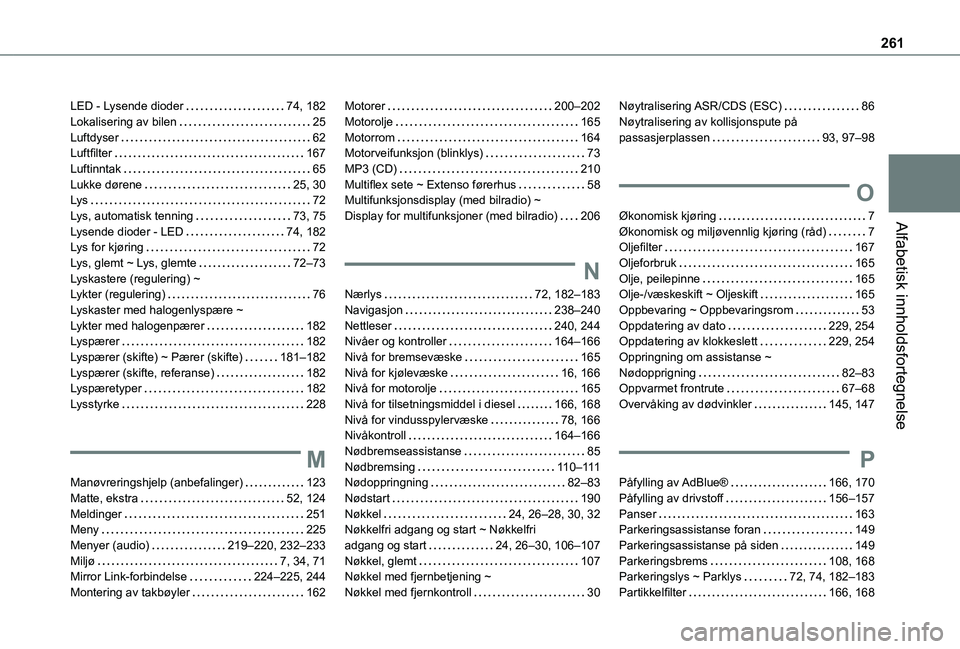 TOYOTA PROACE CITY 2020  Instruksjoner for bruk (in Norwegian) 261
Alfabetisk innholdsfortegnelse
LED - Lysende dioder   74, 182Lokalisering av bilen   25Luftdyser   62Luftfilter   167Luftinntak   65Lukke dørene   25, 30Lys   72Lys, automatisk tenning   73, 75Ly