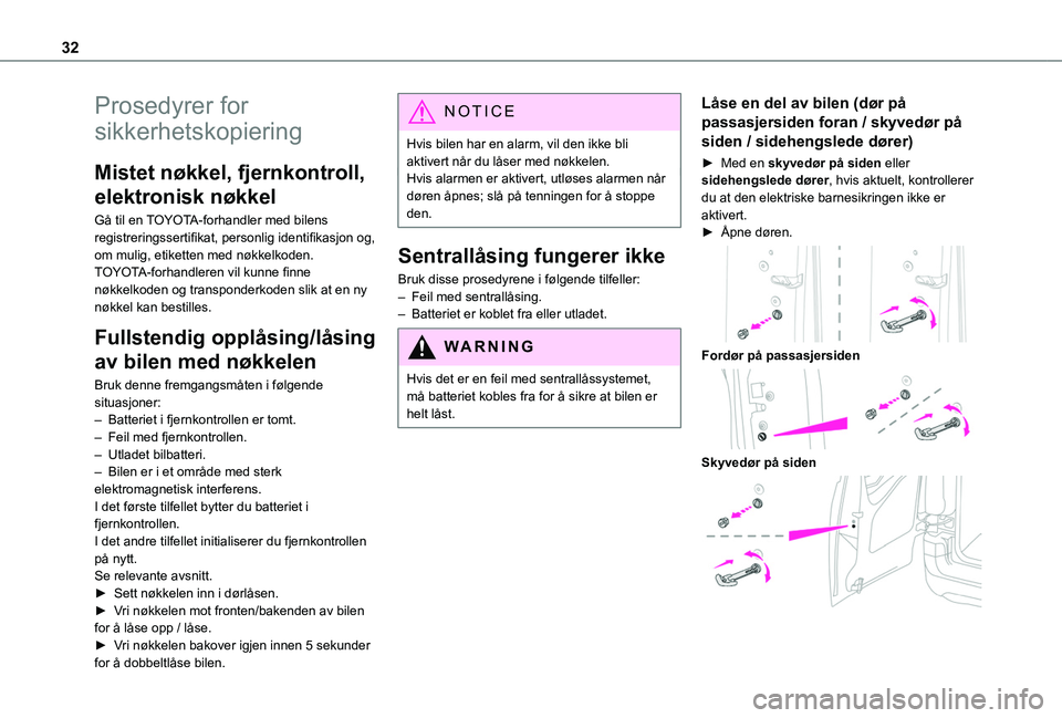 TOYOTA PROACE CITY 2020  Instruksjoner for bruk (in Norwegian) 32
Prosedyrer for 
sikkerhetskopiering
Mistet nøkkel, fjernkontroll, 
elektronisk nøkkel
Gå til en TOYOTA-forhandler med bilens registreringssertifikat, personlig identifikasjon og, om mulig, etike