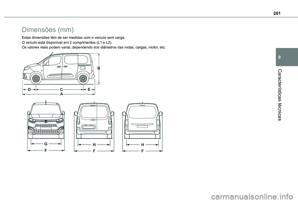 TOYOTA PROACE CITY 2020  Manual de utilização (in Portuguese) 201
Características técnicas
9
Dimensões (mm)
Estas dimensões têm de ser medidas com o veículo sem carga.O veículo está disponível em 2 comprimentos (L1 e L2).Os valores reais podem variar, d