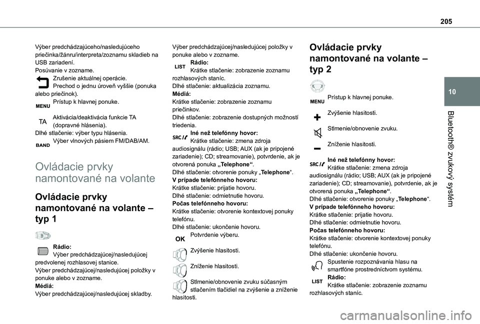 TOYOTA PROACE CITY 2020 Návod na použitie (in Slovakian) 205
Bluetooth® zvukový systém
10
Výber predchádzajúceho/nasledujúceho priečinka/žánru/interpreta/zoznamu skladieb na USB zariadení.Posúvanie v zozname.Zrušenie aktuálnej operácie.Precho TOYOTA PROACE CITY 2020 Návod na použitie (in Slovakian) 205
Bluetooth® zvukový systém
10
Výber predchádzajúceho/nasledujúceho priečinka/žánru/interpreta/zoznamu skladieb na USB zariadení.Posúvanie v zozname.Zrušenie aktuálnej operácie.Precho