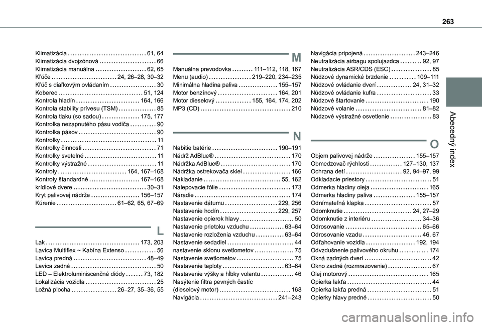 TOYOTA PROACE CITY 2020 Návod na použitie (in Slovakian) 263
Abecedný index
Klimatizácia 61, 64Klimatizácia dvojzónová 66Klimatizácia manuálna 62, 65Kľúče 24, 26–28, 30–32Kľúč s diaľkovým ovládaním 30Koberec 51, 124Kontrola TOYOTA PROACE CITY 2020 Návod na použitie (in Slovakian) 263
Abecedný index
Klimatizácia 61, 64Klimatizácia dvojzónová 66Klimatizácia manuálna 62, 65Kľúče 24, 26–28, 30–32Kľúč s diaľkovým ovládaním 30Koberec 51, 124Kontrola