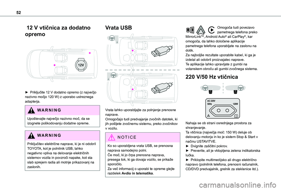 TOYOTA PROACE CITY 2020 Navodila Za Uporabo (in Slovenian) 52
12 V vtičnica za dodatno
opremo
► Priključite 12 V dodatno opremo (z največjo nazivno močjo 120 W) z uporabo ustreznega adapterja.
WARNI NG
Upoštevajte največjo nazivno moč, da se izo TOYOTA PROACE CITY 2020 Navodila Za Uporabo (in Slovenian) 52
12 V vtičnica za dodatno
opremo
► Priključite 12 V dodatno opremo (z največjo nazivno močjo 120 W) z uporabo ustreznega adapterja.
WARNI NG
Upoštevajte največjo nazivno moč, da se izo