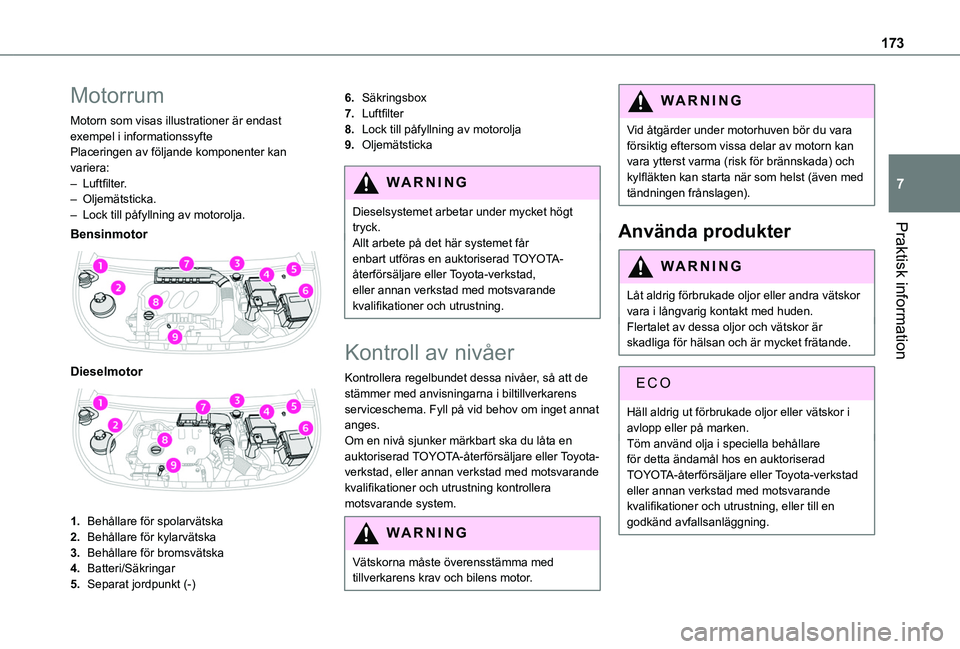 TOYOTA PROACE CITY 2020  Bruksanvisningar (in Swedish) 173
Praktisk information
7
Motorrum
Motorn som visas illustrationer är endast exempel i informationssyftePlaceringen av följande komponenter kan variera:– Luftfilter.– Oljemätsticka.– Lock ti