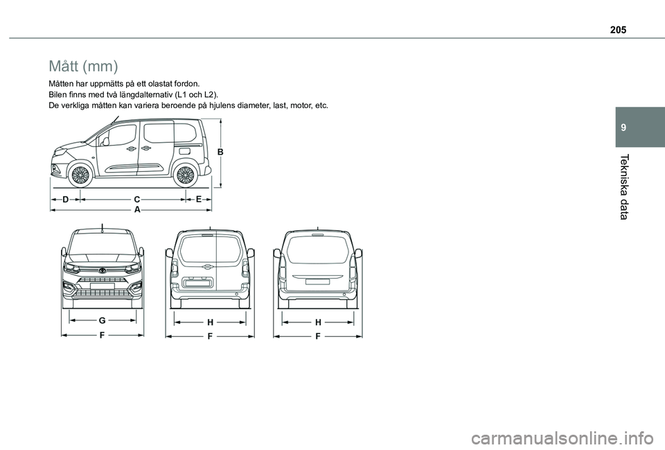 TOYOTA PROACE CITY 2020  Bruksanvisningar (in Swedish) 205
Tekniska data
9
Mått (mm)
Måtten har uppmätts på ett olastat fordon.Bilen finns med två längdalternativ (L1 och L2).De verkliga måtten kan variera beroende på hjulens diameter, last, motor