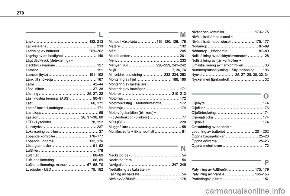 TOYOTA PROACE CITY 2020  Bruksanvisningar (in Swedish) 270
L
Lack   182, 213Lackreferens   213Laddning av batteriet   201–202Lagring av en hastighet   146Lågt däcktryck (detektering) ~ Däcktrycksvarnare   127Lampor   191Lampor (byte)   191–192Länk
