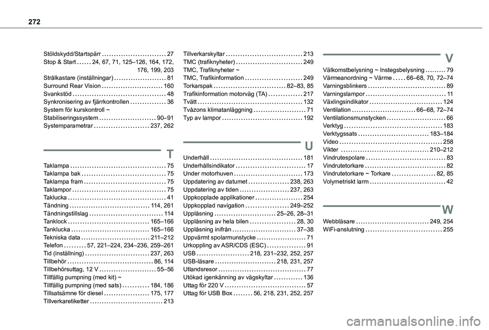 TOYOTA PROACE CITY 2020  Bruksanvisningar (in Swedish) 272
Stöldskydd/Startspärr   27Stop & Start   24, 67, 71, 125–126, 164, 172,   176, 199, 203Strålkastare (inställningar)   81Surround Rear Vision   160Svankstöd   48Synkronisering av fjärrkontr