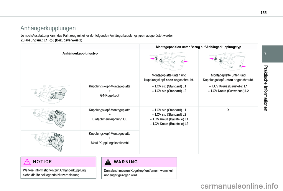 TOYOTA PROACE CITY 2021  Betriebsanleitungen (in German) 155
Praktische Informationen
7
Anhängerkupplungen
Je nach Ausstattung kann das Fahrzeug mit einer der folgenden Anhängerkupplungstypen ausgerüstet werden:Zulassungsnr.: E1 R55 (Bezugsverweis 2)
Mon