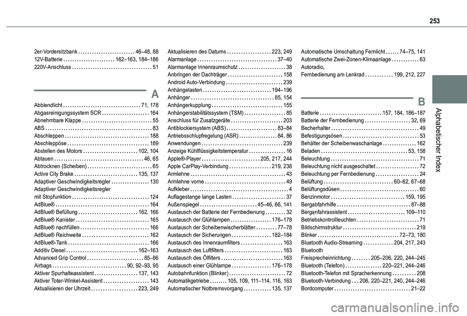 TOYOTA PROACE CITY 2021  Betriebsanleitungen (in German) 253
Alphabetischer Index
2er-Vordersitzbank   46–48, 8812V-Batterie   162–163, 184–186220V-Anschluss   51
A
Abblendlicht   71, 178Abgasreinigungssystem SCR   164Abnehmbare Klappe   55ABS   83Abs