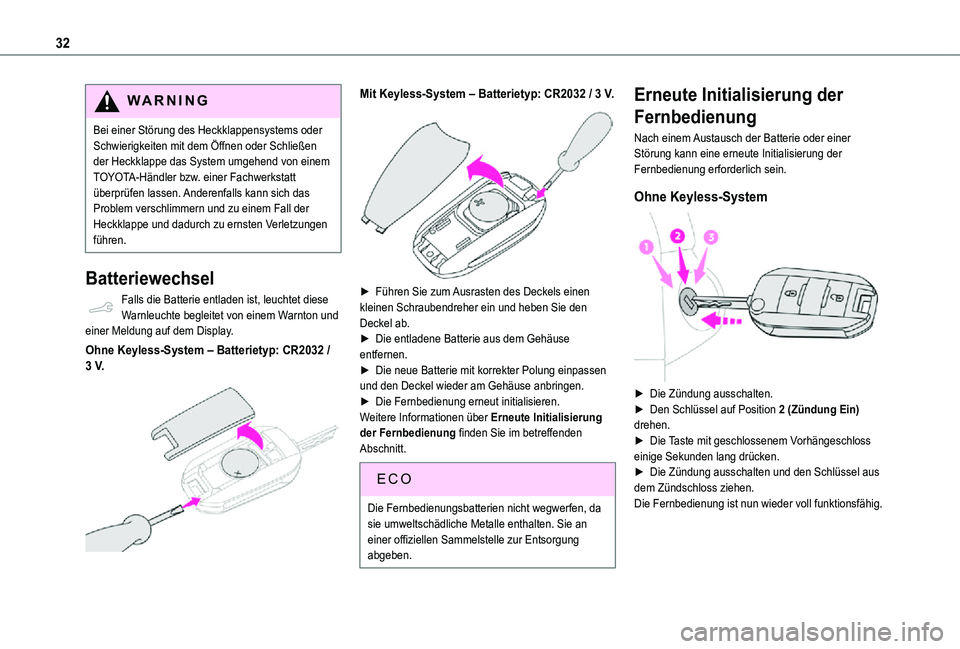 TOYOTA PROACE CITY 2021  Betriebsanleitungen (in German) 32
WARNI NG
Bei einer Störung des Heckklappensystems oder Schwierigkeiten mit dem Öffnen oder Schließen der Heckklappe das System umgehend von einem TOYOTA-Händler bzw. einer Fachwerkstatt überpr