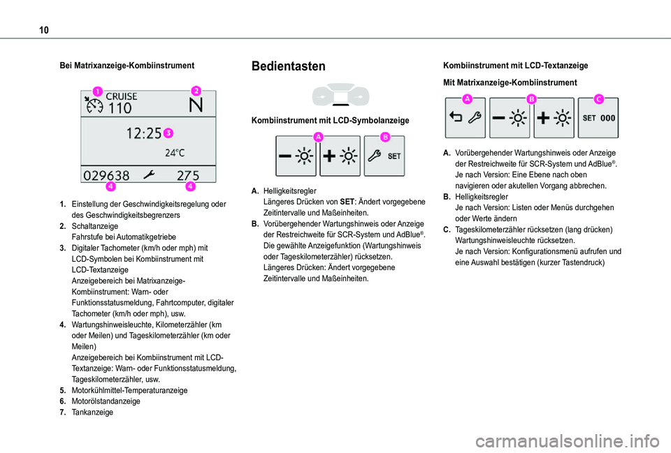 TOYOTA PROACE CITY 2021  Betriebsanleitungen (in German) 10
Bei Matrixanzeige-Kombiinstrument 
 
1.Einstellung der Geschwindigkeitsregelung oder des Geschwindigkeitsbegrenzers
2.SchaltanzeigeFahrstufe  bei Automatikgetriebe
3.Digitaler Tachometer (km/h oder