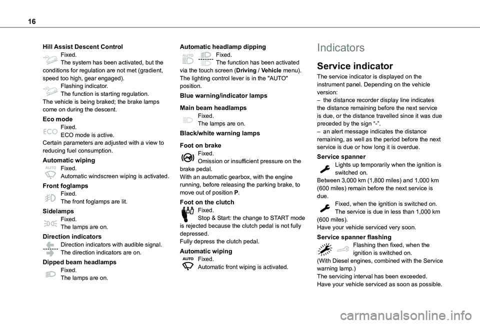TOYOTA PROACE CITY 2021  Owners Manual 16
Hill Assist Descent ControlFixed.The system has been activated, but the conditions for regulation are not met (gradient, speed too high, gear engaged).Flashing indicator.The function is starting re