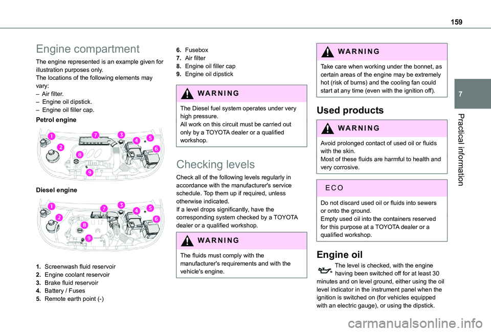 TOYOTA PROACE CITY 2021  Owners Manual 159
Practical information
7
Engine compartment
The engine represented is an example given for illustration purposes only.The locations of the following elements may vary:– Air filter.–  Engine oil