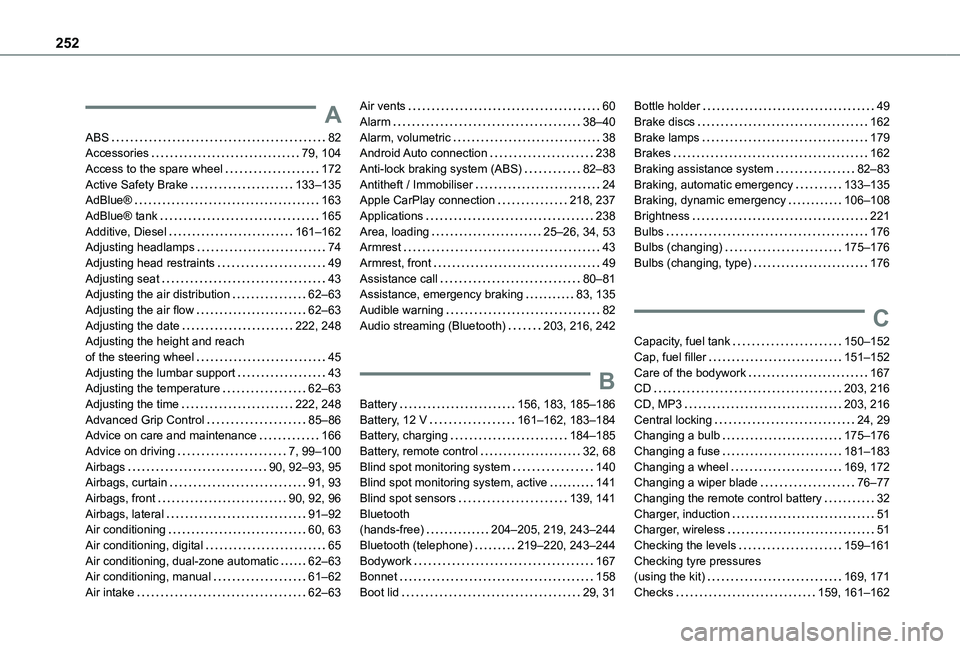 TOYOTA PROACE CITY 2021  Owners Manual 252
A
ABS   82Accessories   79, 104Access to the spare wheel   172Active Safety Brake   133–135AdBlue®   163AdBlue® tank   165Additive, Diesel   161–162Adjusting headlamps   74Adjusting head res