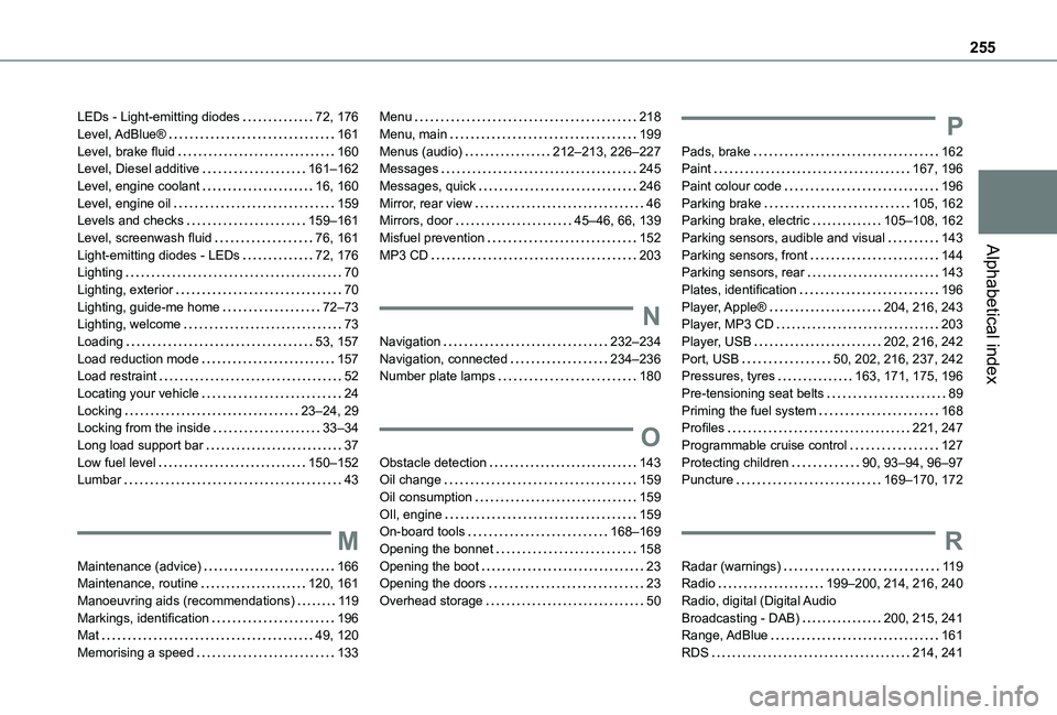TOYOTA PROACE CITY 2021  Owners Manual 255
Alphabetical index
LEDs - Light-emitting diodes   72, 176Level, AdBlue®   161Level, brake fluid   160Level, Diesel additive   161–162Level, engine coolant   16, 160Level, engine oil   159Levels