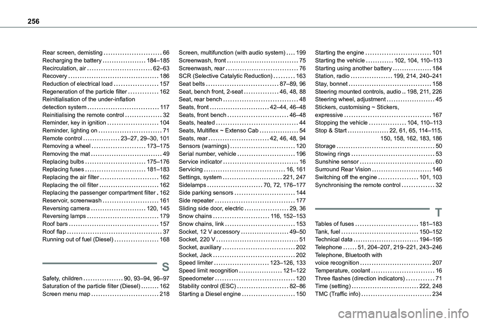 TOYOTA PROACE CITY 2021  Owners Manual 256
Rear screen, demisting   66Recharging the battery   184–185Recirculation, air   62–63Recovery   186Reduction of electrical load   157Regeneration of the particle filter   162Reinitialisation o