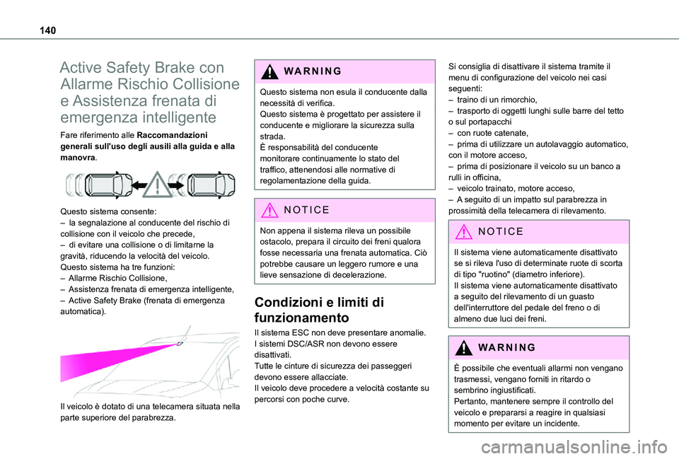 TOYOTA PROACE CITY 2021  Manuale duso (in Italian) 140
Active Safety Brake con 
Allarme Rischio Collisione 
e Assistenza frenata di 
emergenza intelligente
Fare riferimento alle Raccomandazioni generali sull'uso degli ausili alla guida e alla mano