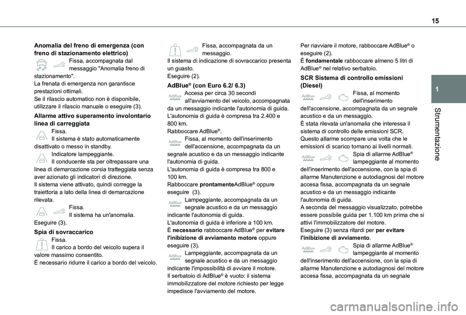 TOYOTA PROACE CITY 2021 Manuale duso (in Italian) 15
Strumentazione
1
Anomalia del freno di emergenza (con freno di stazionamento elettrico)Fissa, accompagnata dal messaggio "Anomalia freno di stazionamento".La frenata di emergenza non garant TOYOTA PROACE CITY 2021 Manuale duso (in Italian) 15
Strumentazione
1
Anomalia del freno di emergenza (con freno di stazionamento elettrico)Fissa, accompagnata dal messaggio "Anomalia freno di stazionamento".La frenata di emergenza non garant