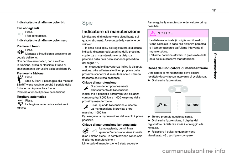 TOYOTA PROACE CITY 2021  Manuale duso (in Italian) 17
Strumentazione
1
Indicatori/spie di allarme color blu
Fari abbagliantiFissa.I fari sono accesi.
Indicatori/spie di allarme color nero
Premere il frenoFissa.Mancata o insufficiente pressione del ped