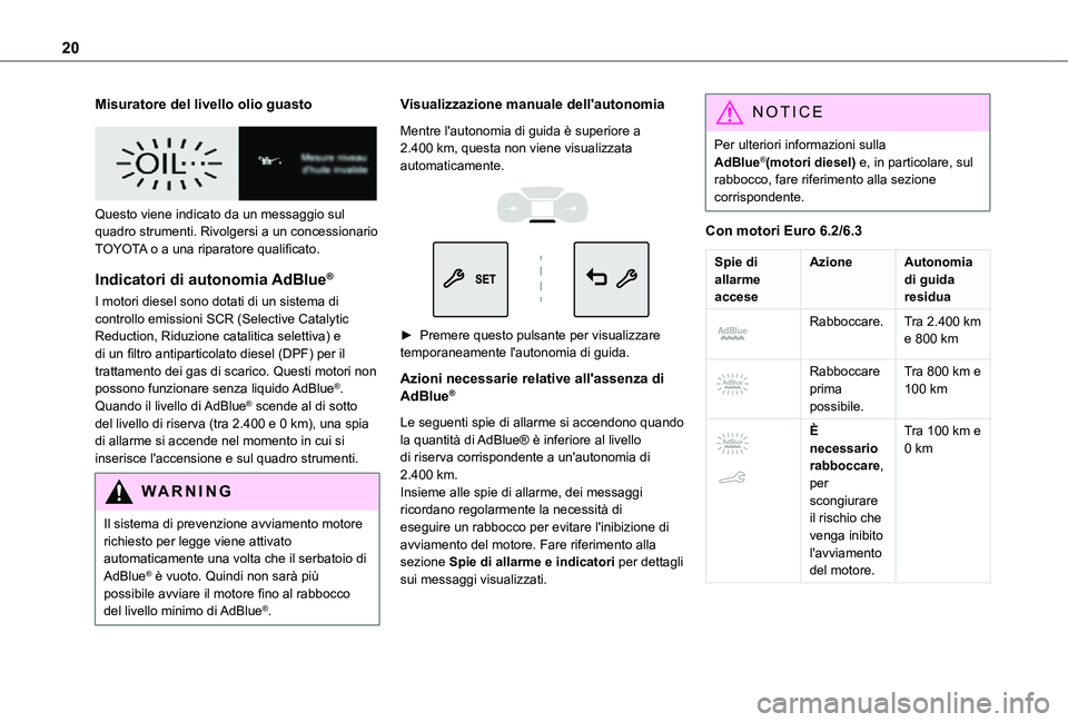 TOYOTA PROACE CITY 2021  Manuale duso (in Italian) 20
Misuratore del livello olio guasto
 
 
Questo viene indicato da un messaggio sul quadro strumenti. Rivolgersi a un concessionario TOYOTA o a una riparatore qualificato.
Indicatori di autonomia AdBl