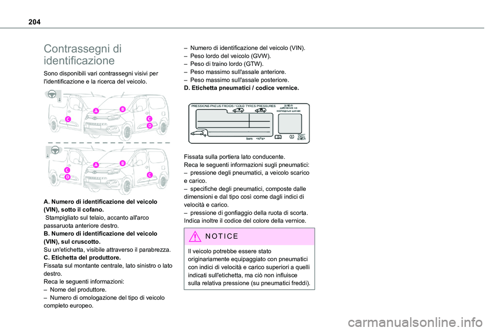 TOYOTA PROACE CITY 2021  Manuale duso (in Italian) 204
Contrassegni di 
identificazione
Sono disponibili vari contrassegni visivi per l'identificazione e la ricerca del veicolo. 
 
A. Numero di identificazione del veicolo (VIN), sotto il cofano. S