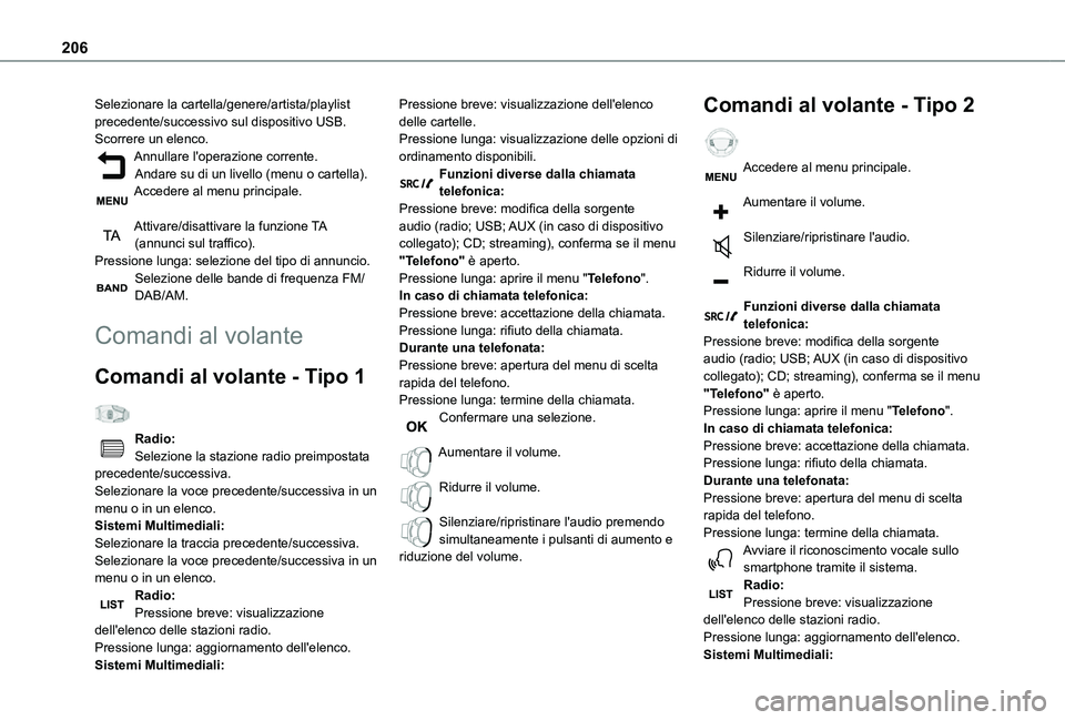 TOYOTA PROACE CITY 2021  Manuale duso (in Italian) 206
Selezionare la cartella/genere/artista/playlist precedente/successivo sul dispositivo USB.Scorrere un elenco.Annullare l'operazione corrente.Andare su di un livello (menu o cartella).Accedere 