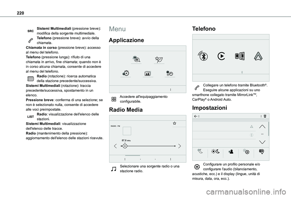 TOYOTA PROACE CITY 2021  Manuale duso (in Italian) 220
Sistemi Multimediali (pressione breve): modifica della sorgente multimediale.Telefono (pressione breve): avvio della chiamata.Chiamata in corso (pressione breve): accesso al menu del telefono.Tele