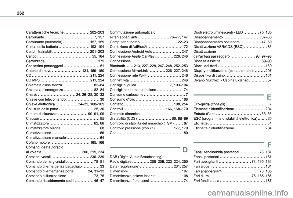 TOYOTA PROACE CITY 2021  Manuale duso (in Italian) 262
Caratteristiche tecniche   202–203Carburante   7, 157Carburante (serbatoio)   157, 159Carica della batteria   193–194Carichi trainabili   201–203Carico   55, 164Carrozzeria   175Cassettino p